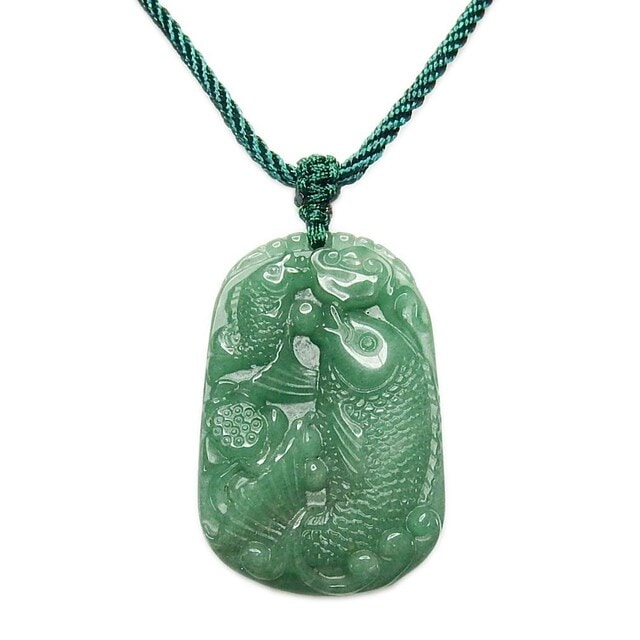 天然石　精密彫刻 根付　ペンダントトップ　置物 アベンチュリン鯉精工彫刻綺麗天然石ペンダントトップ紐ネックレス精神
