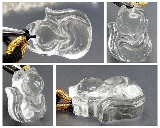 天然石水晶きつね狐彫り品小サイズペンダントトップ黒紐