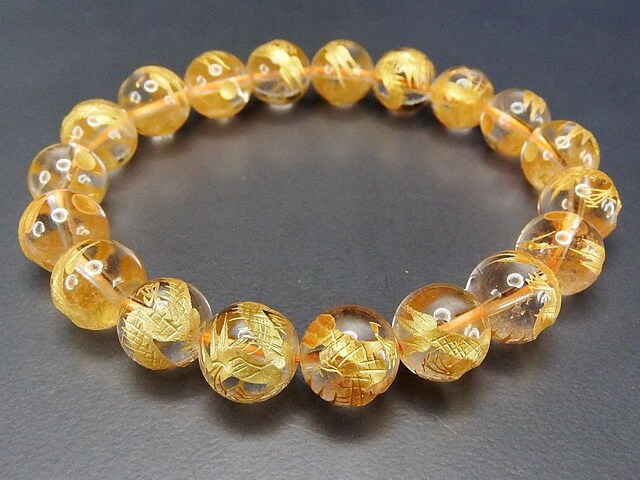 天然石五爪皇帝龍金箔天然水晶手彫り約10mmブレスレット数珠開運 | 石