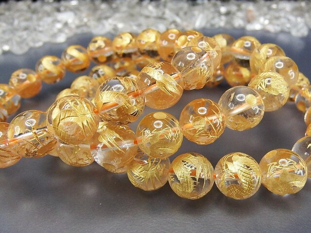 天然石五爪皇帝龍金箔天然水晶手彫り約10mmブレスレット数珠開運 | 石