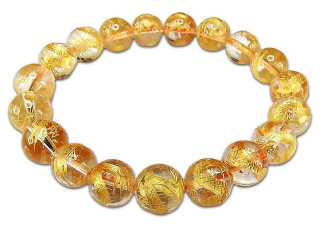 天然石五爪皇帝龍金箔天然水晶手彫り約10mmブレスレット数珠開運 | 石