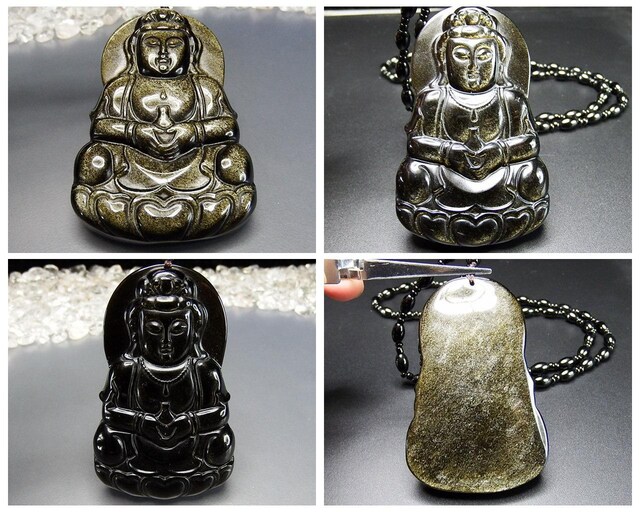 ゴールデンオブシディアンの観音様彫りペンダント　10,000円→8,000円 色合い厳選ゴールドオブシディアン観音菩薩彫り超大天然石ネックレス