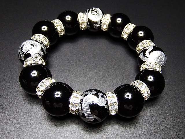 入手困難超太天然石18mmオニキス四神手彫り高級ロンデル数珠