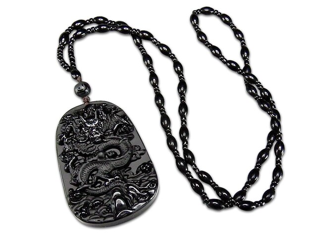 開運昇龍精工彫刻ペンダントトップネックレス改天然石オブシディアン 