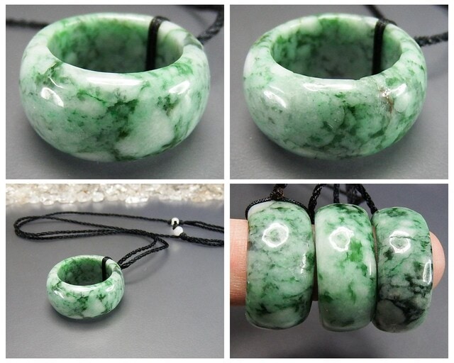 激レア濃い緑柄模様入り天然石ひすい本翡翠サムリング22号黒糸