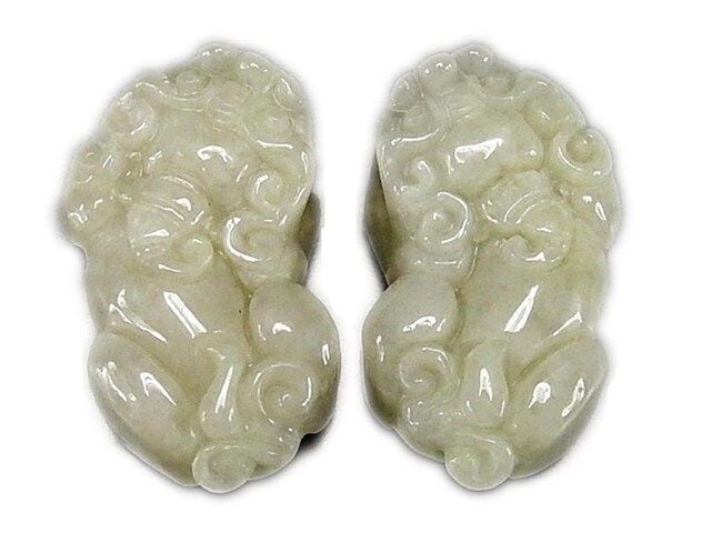 薄目豆緑色ひすいヒキュウ貔貅本翡翠硬玉天然石2点ペア置物風水