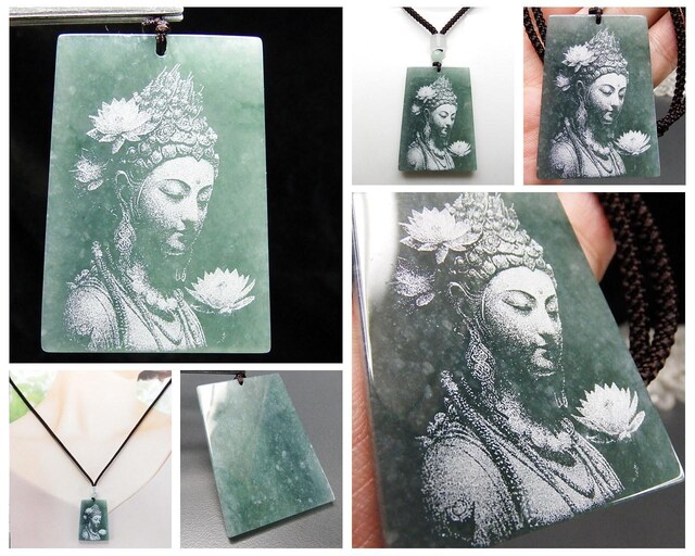 天然石4Aひすい本翡翠ジェダイト観音様フロスト加工紐ネックレス