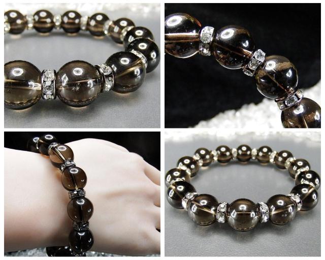 茶水晶スモーキークォーツ約12mm天然石ロンデル付きブレスレット数珠