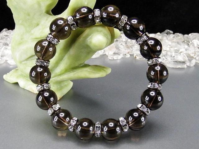 茶水晶スモーキークォーツ約12mm天然石ロンデル付きブレスレット数珠