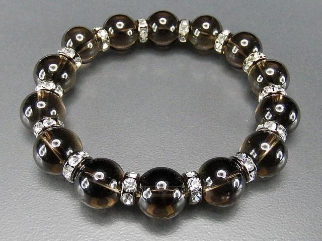 茶水晶スモーキークォーツ約12mm天然石ロンデル付きブレスレット数珠
