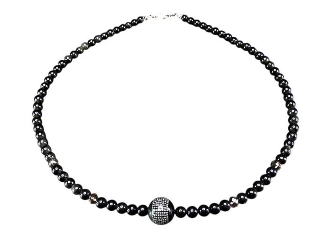 心経彫り銀文字オブシディアン14mm6mm茶水晶ボタン天然石ネックレス