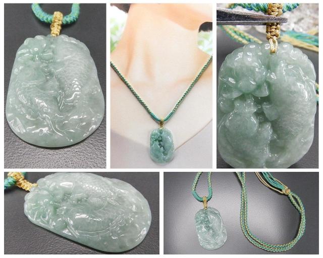 ひすいジェダイト鯉精工彫刻木綿紐ネックレス天然石ミャンマー産本翡翠