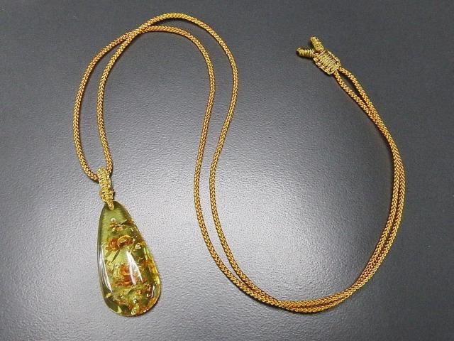 良質貴重天然石アンバー琥珀しずく形糸ネックレス大きいサイズ金運