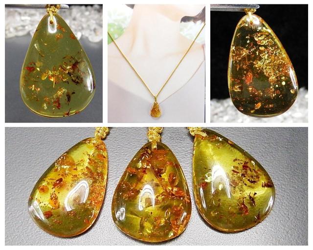 良質貴重天然石アンバー琥珀しずく形糸ネックレス大きいサイズ金運