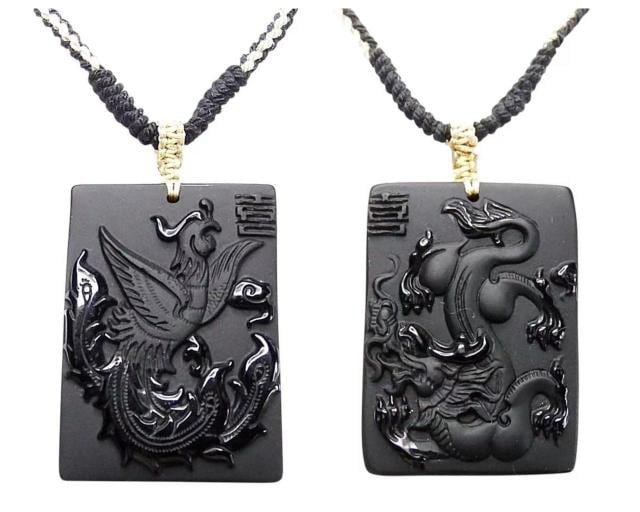 天然石オブシディアン龍鳳彫り木綿ネックレス2点セット双喜結婚祝い