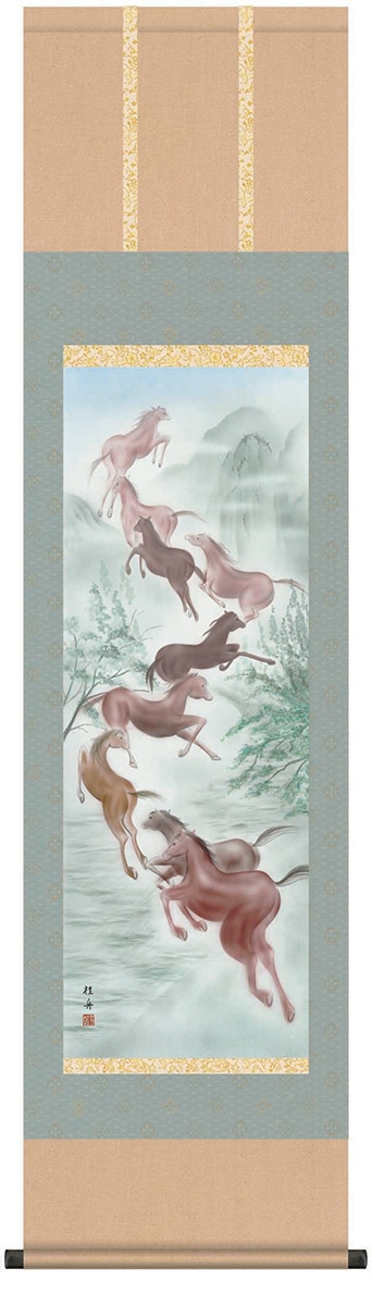 掛け軸 秀光 作 家運隆昌「馬九行く」 九頭馬 九馬図 絹本 茶道具 掛軸 美品 掛軸「開運九頭馬」長江桂舟 筆 | 趣味・嗜好品 | 日用品から専門品