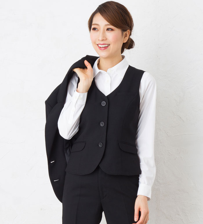 パイピングブラックベスト レディース 春夏 秋冬 事務服 オフィス制服 