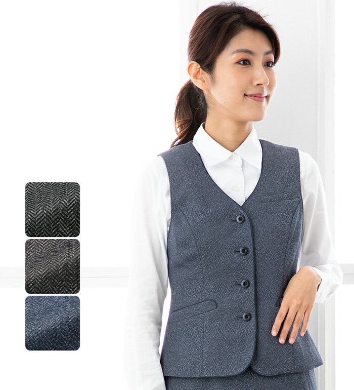 【廃番】ウエスト高めでスタイル美人 ヘリンボーン ニット ベスト 事務服 制服 オフィス 通勤 ホームクリーニング 消臭 制菌 レディース オールシーズン SERVO GROW