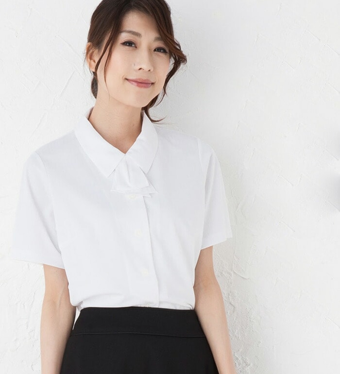シャドーストライプリボン付半袖ブラウス レディース  春夏 事務服 企業制服 オフィスユニフォーム