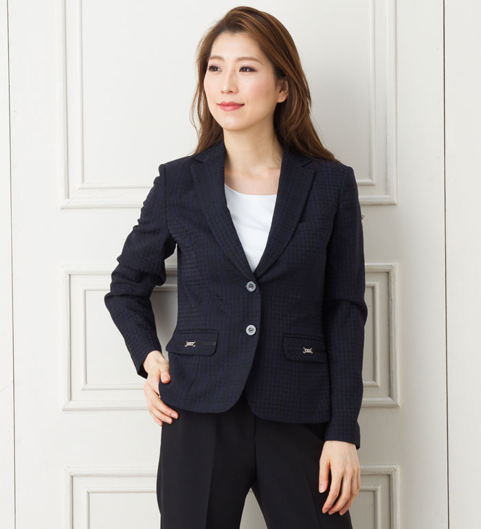 光沢チェックテーラードジャケット レディース 秋冬 事務服