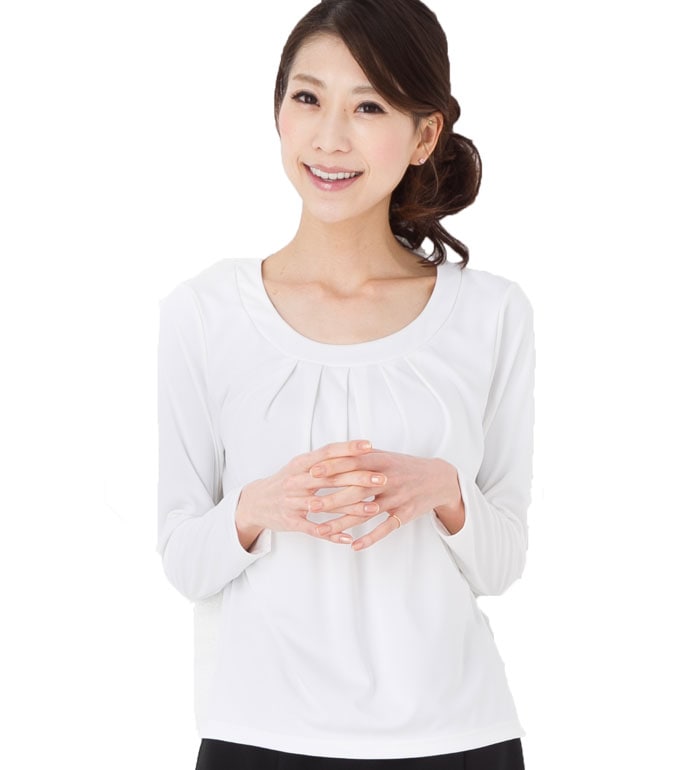 襟元スッキリ！フロントタック入り長袖カットソー 事務服 企業制服