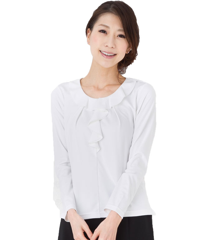 襟元スッキリ！ラッフルカラー長袖カットソー  事務服 企業制服 オフィスユニフォームにもおすすめ！