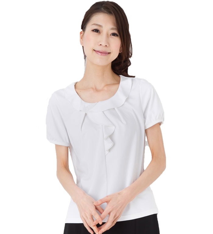襟元スッキリ！ラッフルカラー半袖カットソー  事務服 企業制服 オフィスユニフォームにもおすすめ！