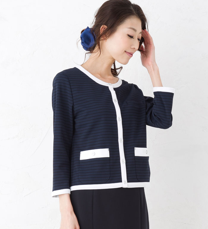 送料無料  身体の動きにフィットするニット素材！ノーカラー八分袖ボーダージャケット  事務服 企業制服 オフィスユニフォームにもおすすめ！