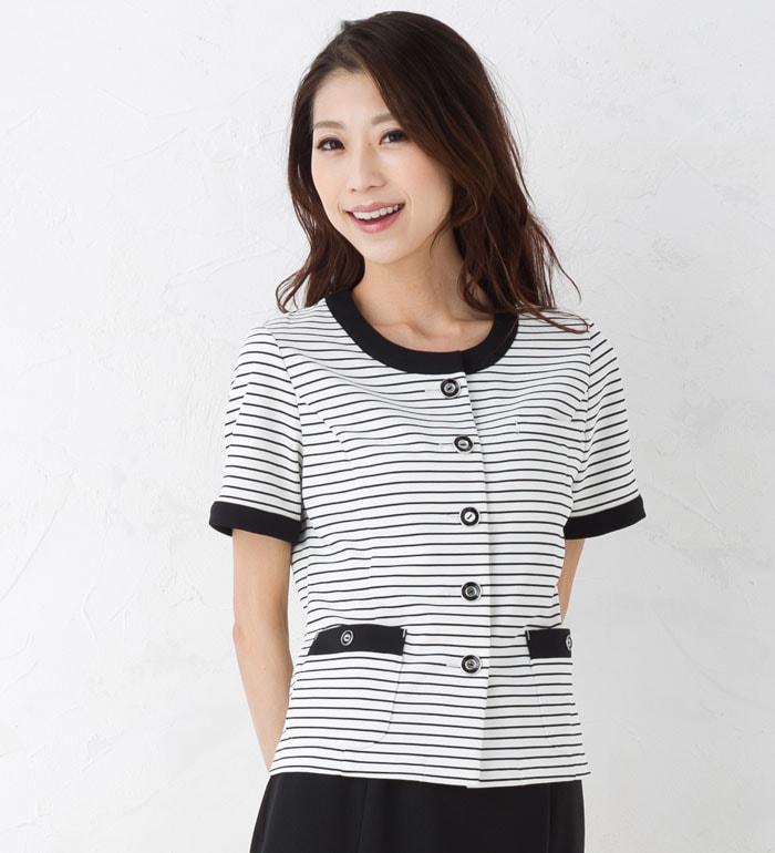 送料無料  身体の動きにフィットするニット素材！ノーカラー半袖ボーダージャケット  事務服 企業制服 オフィスユニフォームにもおすすめ！