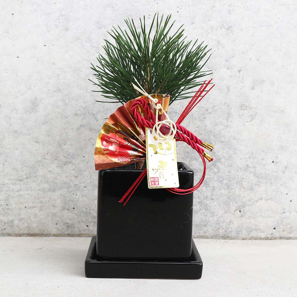 曲がり松・ホワイエ／「迎春」の飾り付き【正月飾り 黒角鉢 受け皿付き／1個売り】