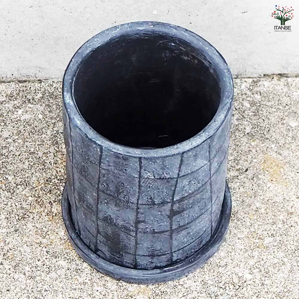 陶器鉢 ルビエカロ ロング ブラック(受皿付き)【陶器鉢 Mサイズ／1個