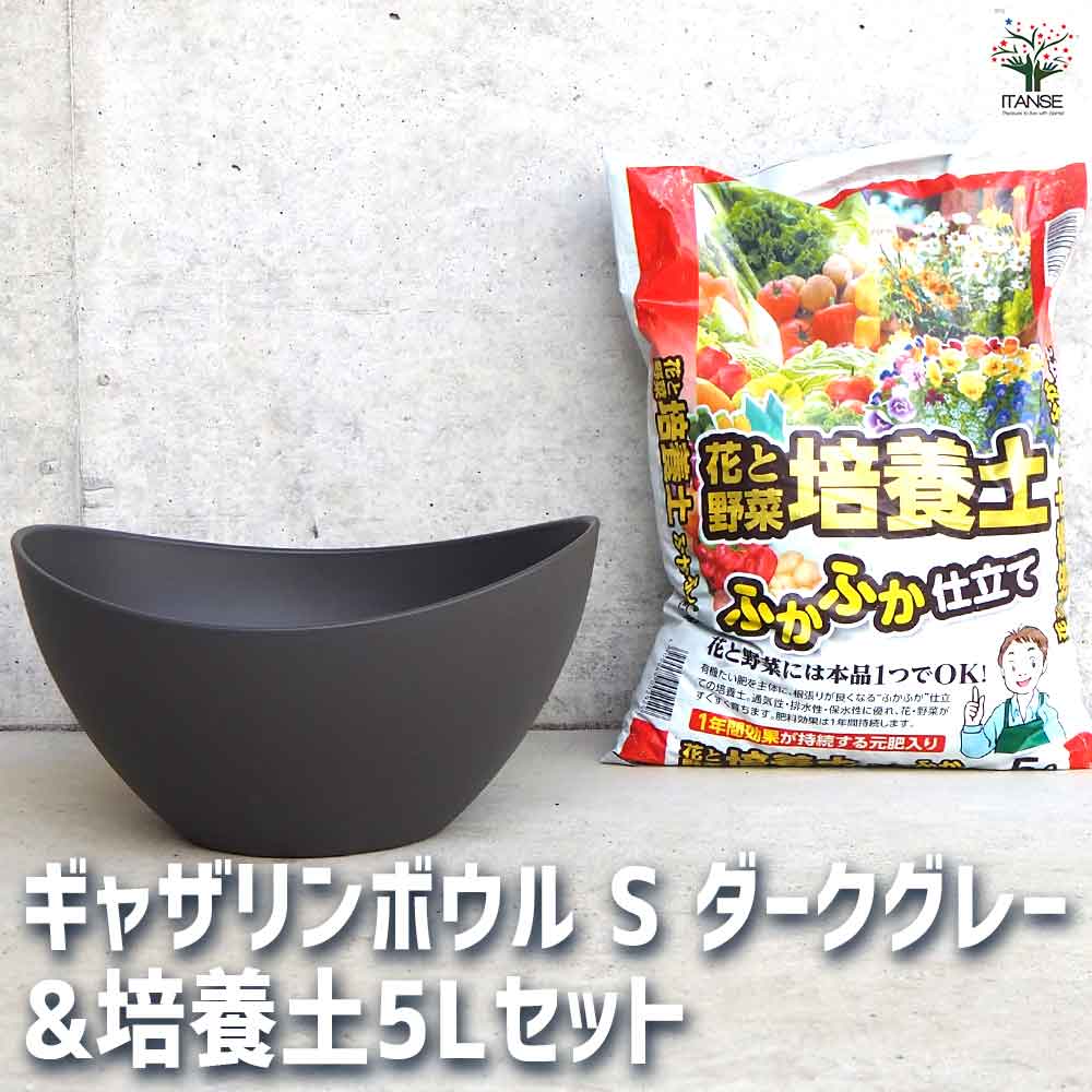 ギャザリン ボウル ダークグレー 【資材 Sサイズ&花と野菜の培養土 ふかふか仕立て5L】
