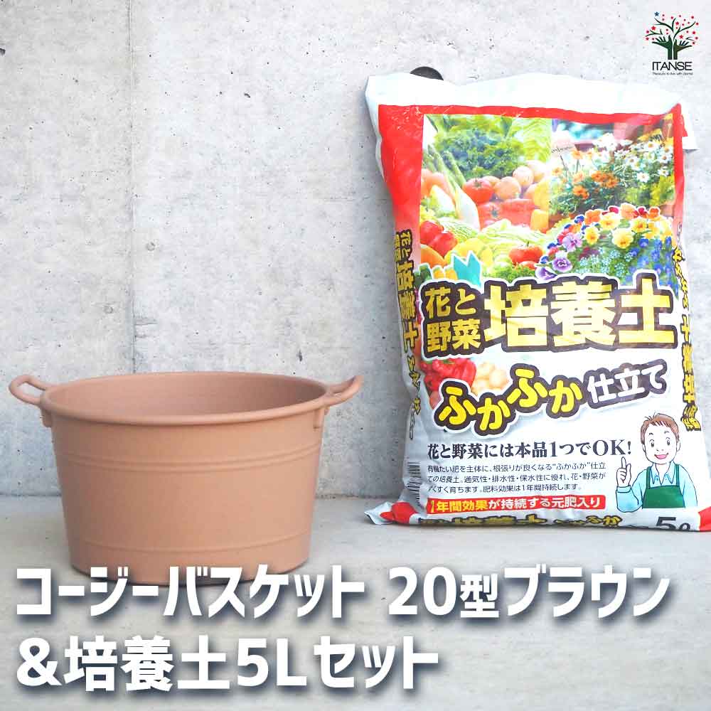 コージーバスケット ブラウン 【資材 20型&花と野菜の培養土 ふかふか仕立て5L】