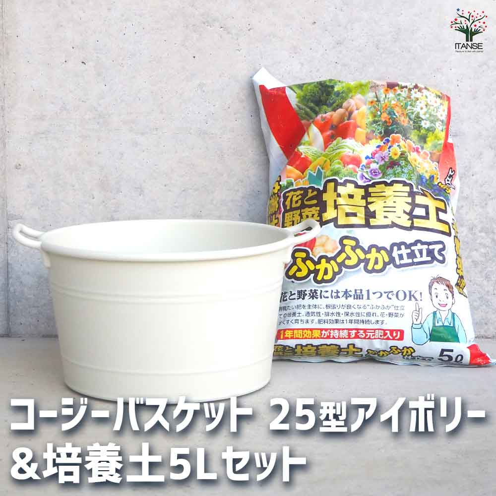 コージーバスケット アイボリー 【資材 25型&花と野菜の培養土 ふかふか仕立て5L】