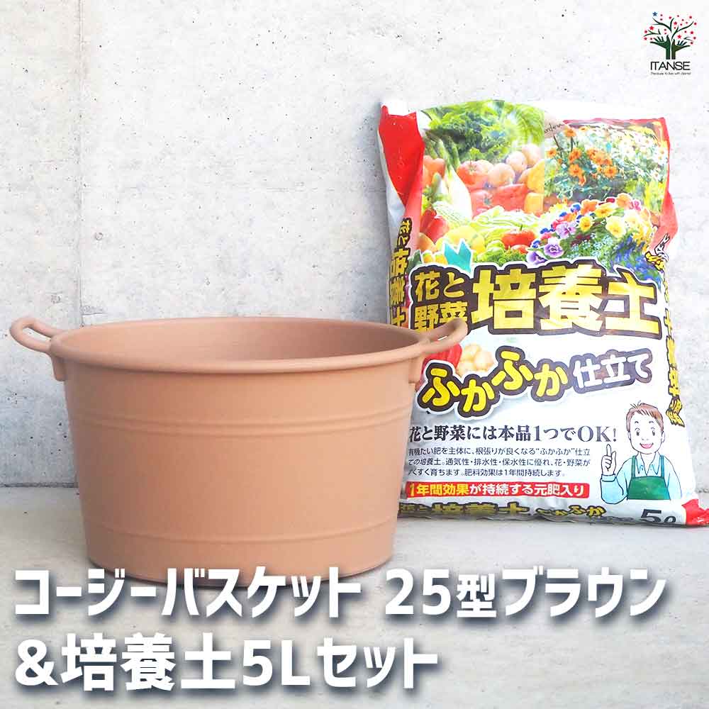 コージーバスケット ブラウン 【資材 25型&花と野菜の培養土 ふかふか仕立て5L】