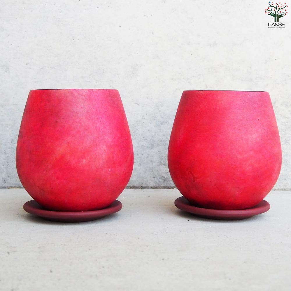皿付陶器鉢 彩色焼磁 レッド【資材 12cm】｜ 【植物の