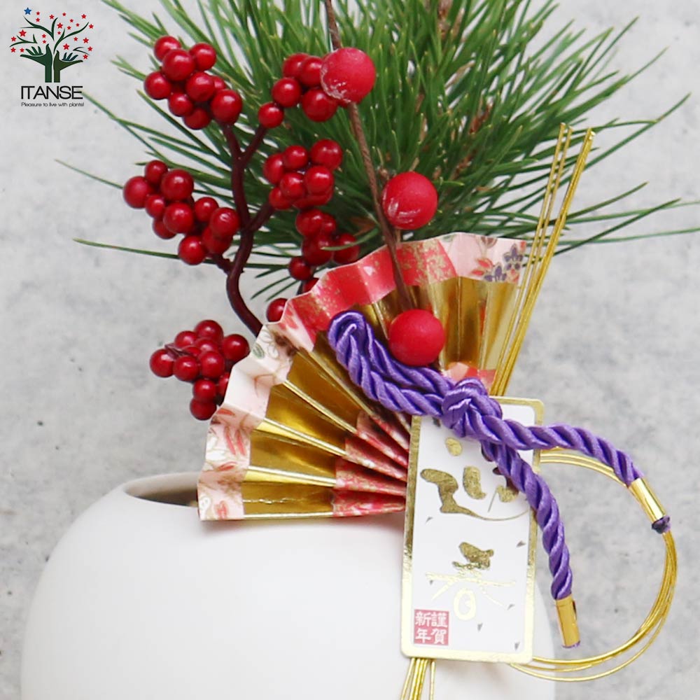 曲がり松・輝き／「迎春」の飾り付き【正月飾り Lサイズ白鉢／1個売り】