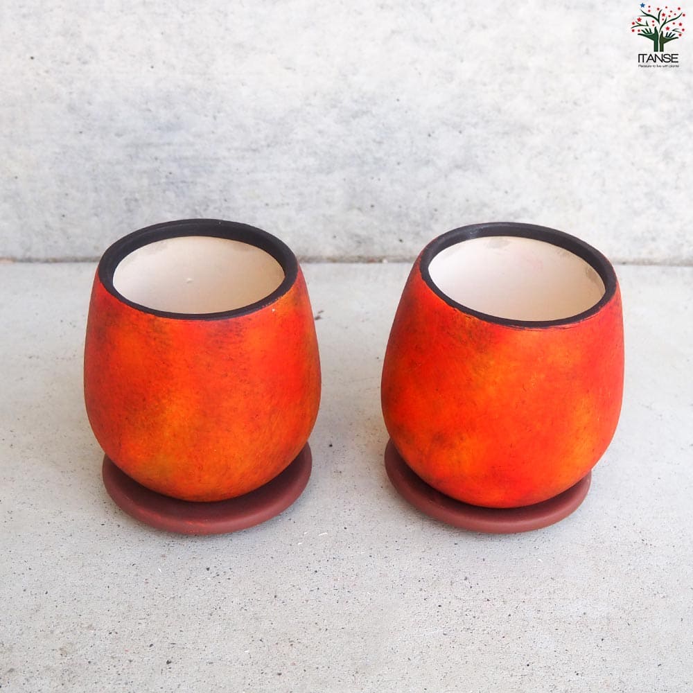 皿付陶器鉢 彩色焼磁 オレンジ【資材 10cm】｜ 【植物のITANSE