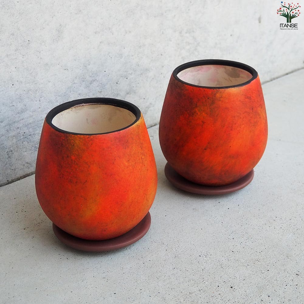 皿付陶器鉢 彩色焼磁 オレンジ【資材 12cm】