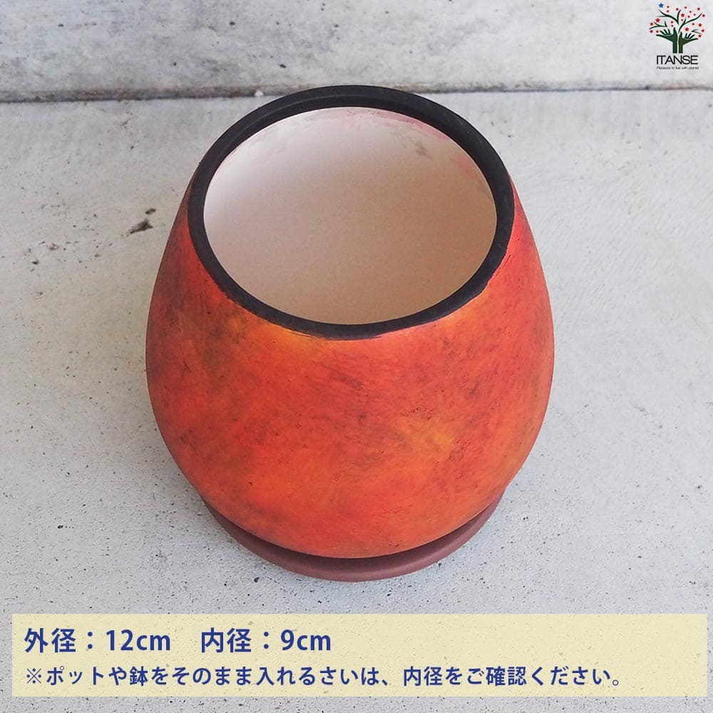 皿付陶器鉢 彩色焼磁 オレンジ【資材 12cm】