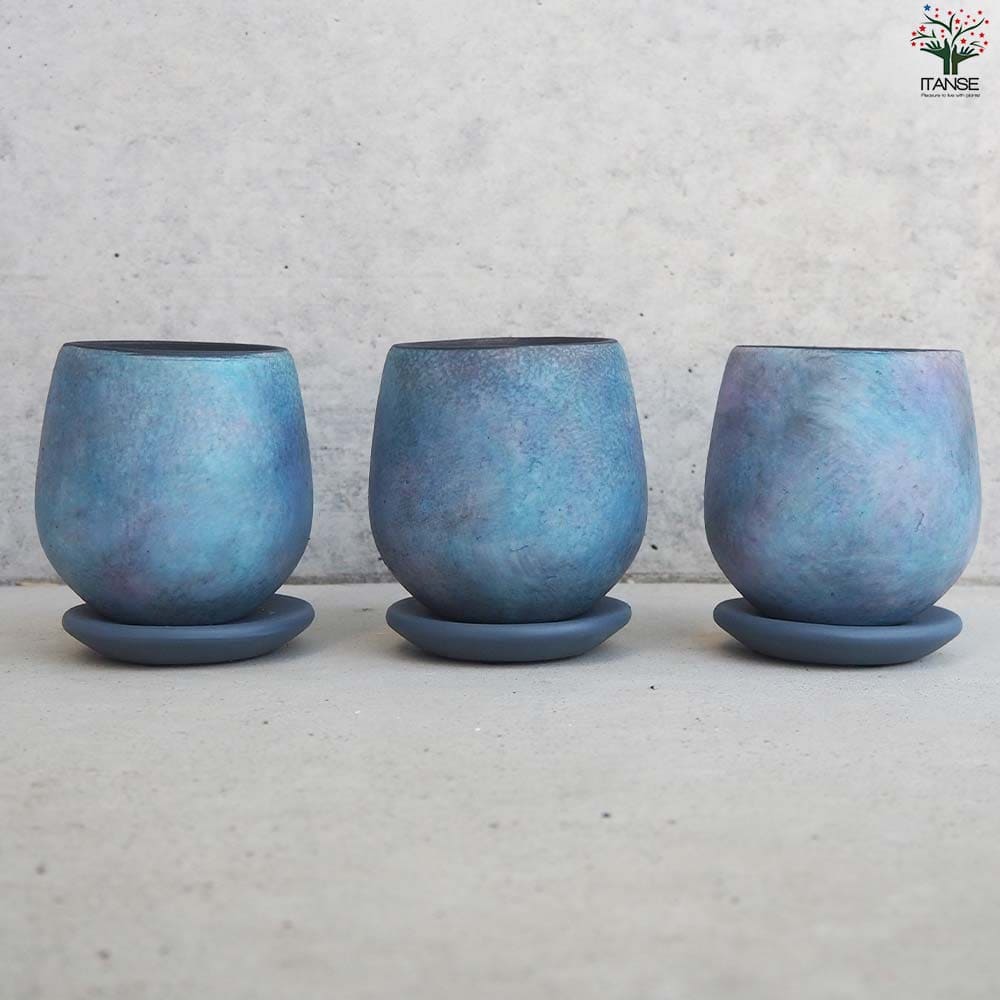 皿付陶器鉢 彩色焼磁 ブルー【資材 8cm】｜ 【植物のITANSE