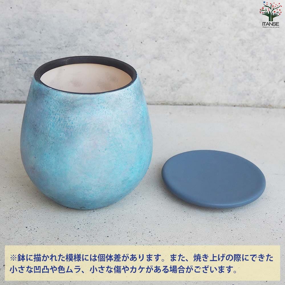 皿付陶器鉢 彩色焼磁 ブルー【資材 12cm】｜ 【植物のITANSE