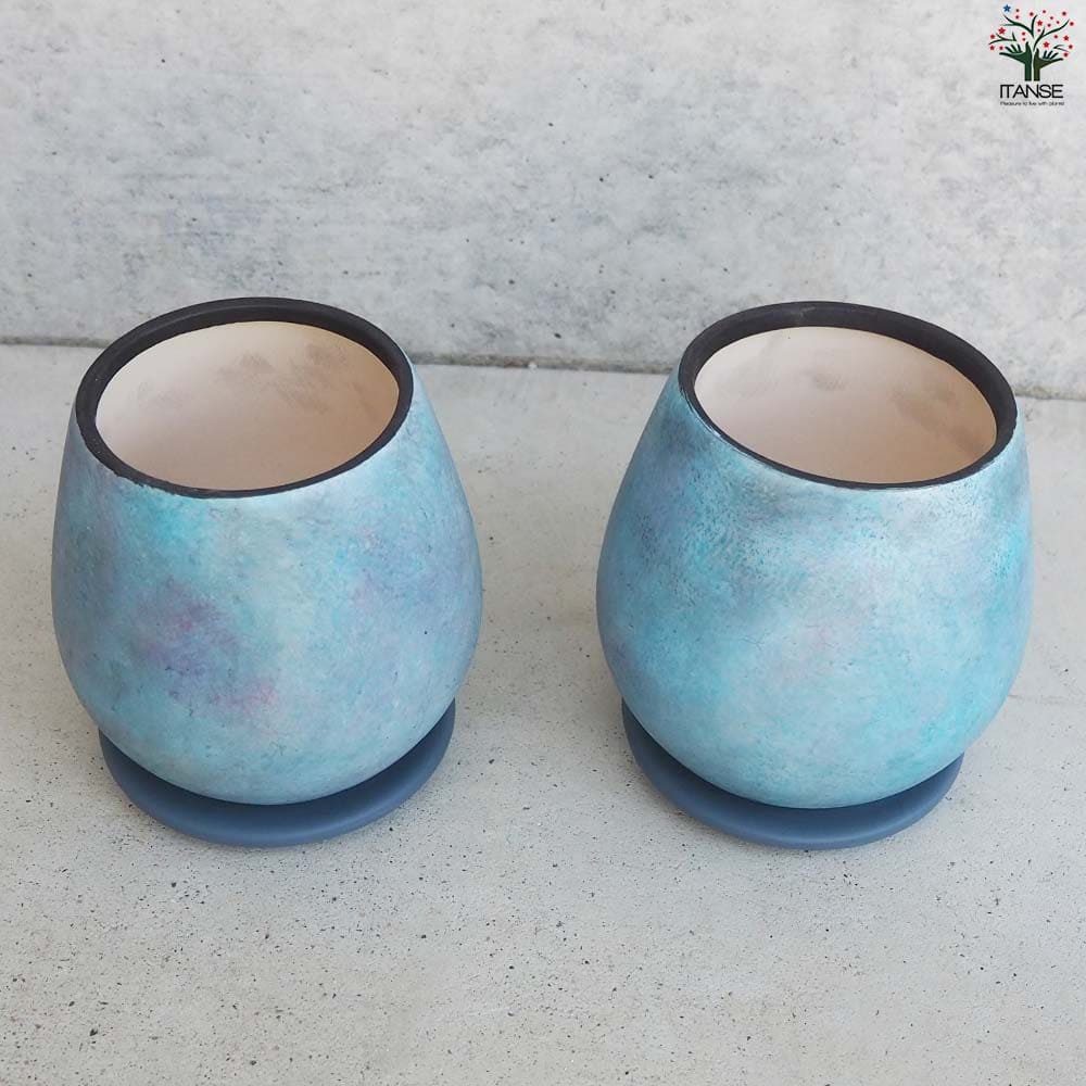 皿付陶器鉢 彩色焼磁 ブルー【資材 12cm】｜ 【植物の