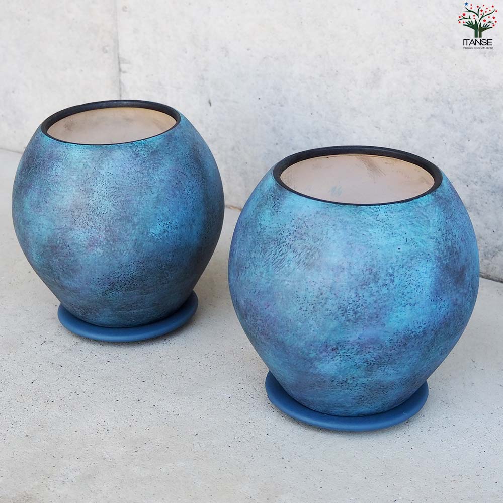 皿付陶器鉢 彩色焼磁 ダークブルー【資材 17cm】｜ 【植物の