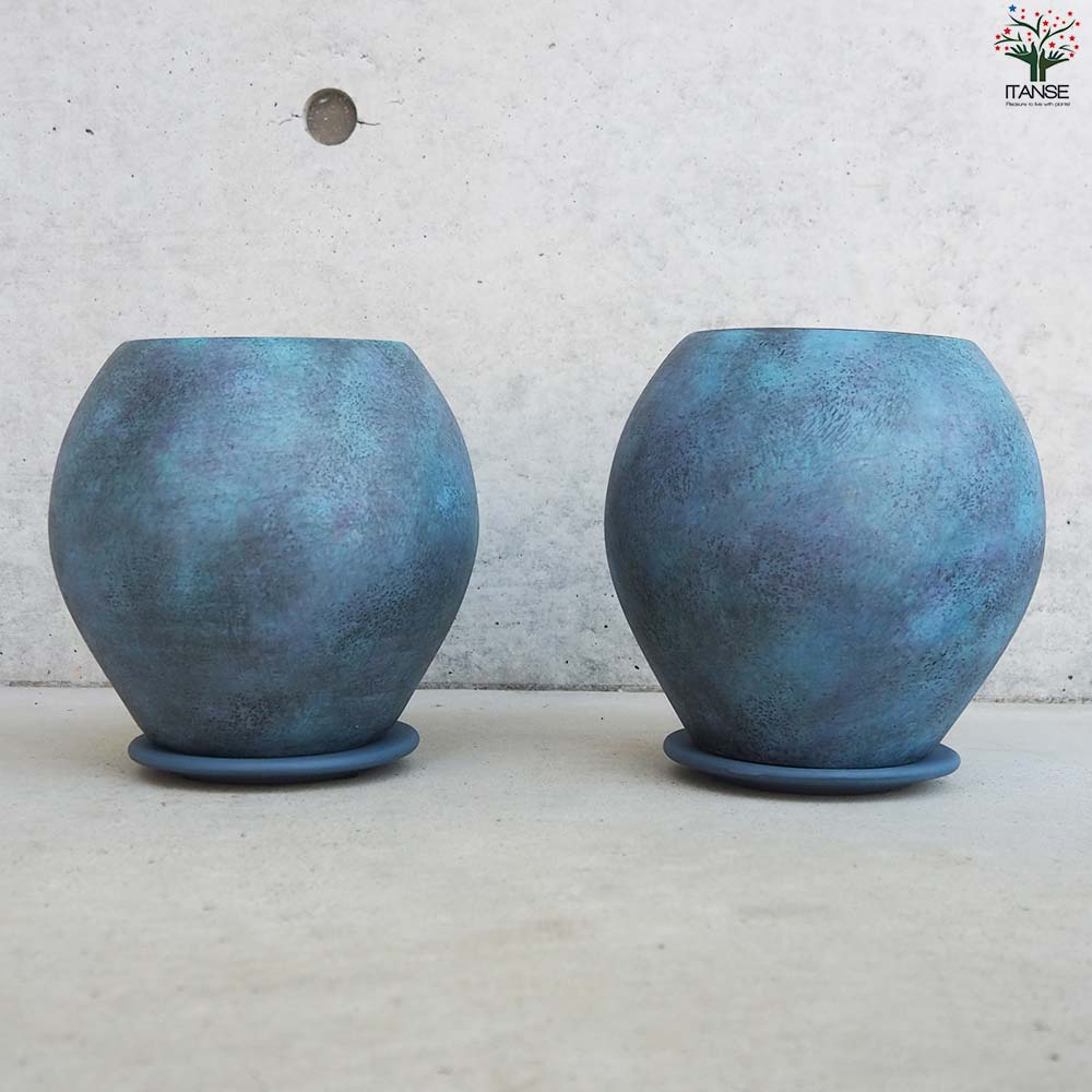 皿付陶器鉢 彩色焼磁 ダークブルー【資材 17cm】｜ 【植物の