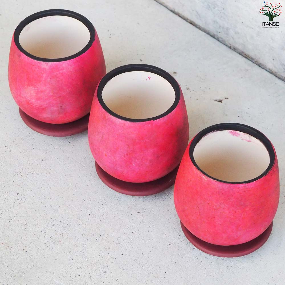 皿付陶器鉢 彩色焼磁 レッド【資材 8cm】｜ 【植物のITANSE