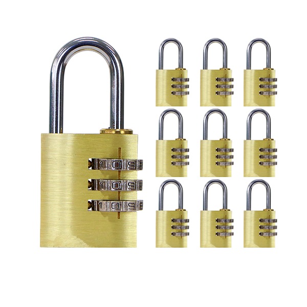 ダイヤル式,南京錠,幅約25mm,10個セット,シャックル径約4mm,真鍮,3桁