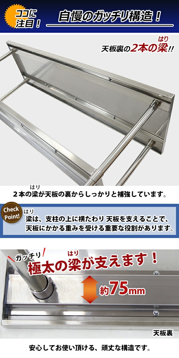 オールステンレス作業台,2段,耐荷重約210kg,約幅1800×奥行600×高さ