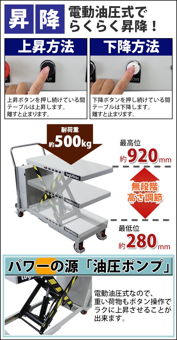 電動油圧式昇降台車,電動昇降,耐荷重約500kg,電動リフト台車,リフト