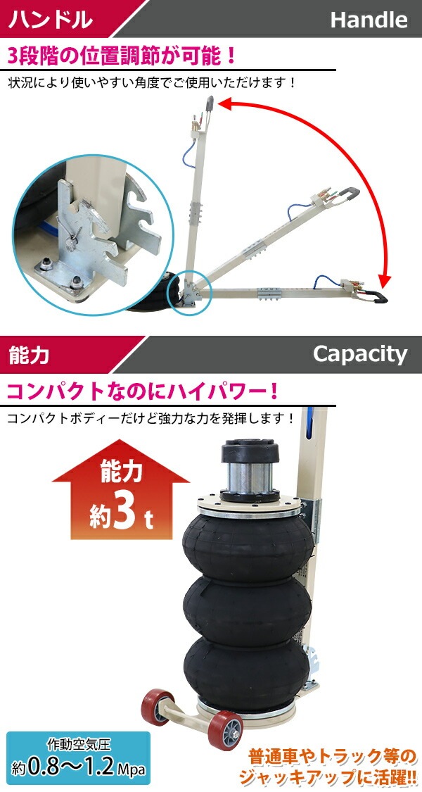 エアージャッキ,バルーンジャッキ,低床,アタッチメント付き,最高位503mm,3段,3t,3.0t,3000kg,ハンドル3段階 業務用品,ジャッキ ,エアー式 インターナショナル・トレーディング (ITC) 公式オンラインショップ